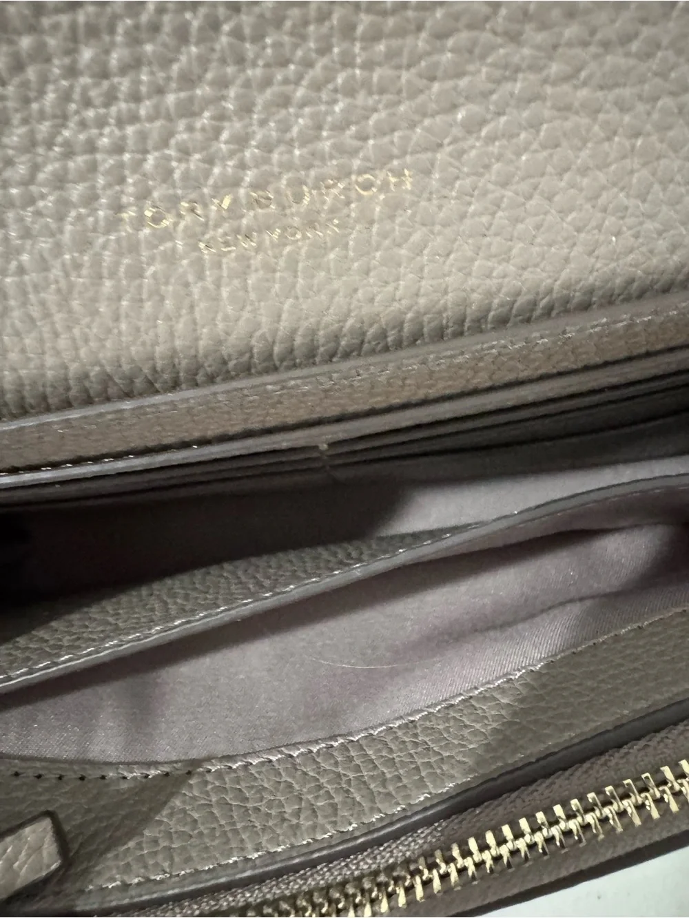 Tory Burch Taupe Pebbled Leather Crossbody Wallet with strap and card holder